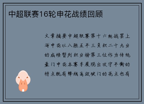 中超联赛16轮申花战绩回顾