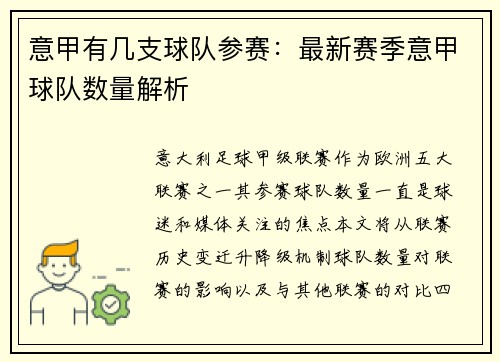 意甲有几支球队参赛：最新赛季意甲球队数量解析