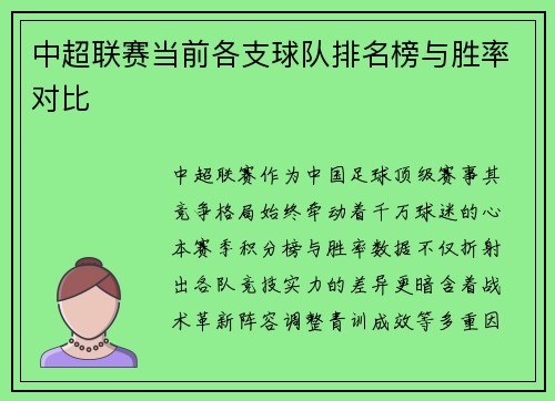 中超联赛当前各支球队排名榜与胜率对比